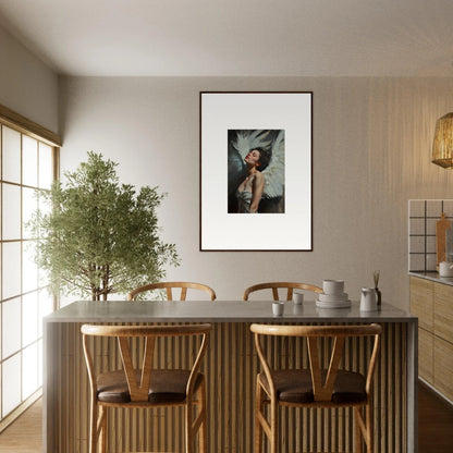 Dining area showcasing Feathered Elegance with stylish chairs and framed wall art