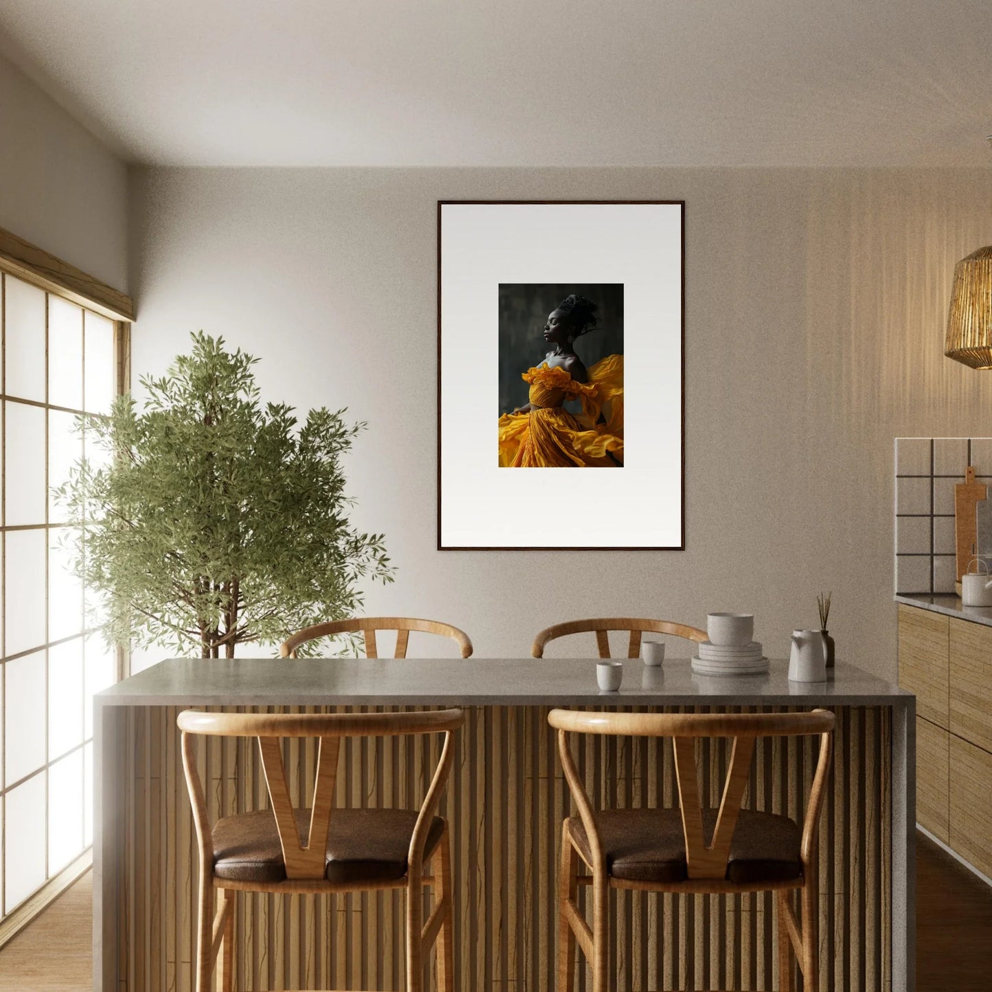 Dining area featuring chairs, a table, and Silence Rapture framed wall art for room decor