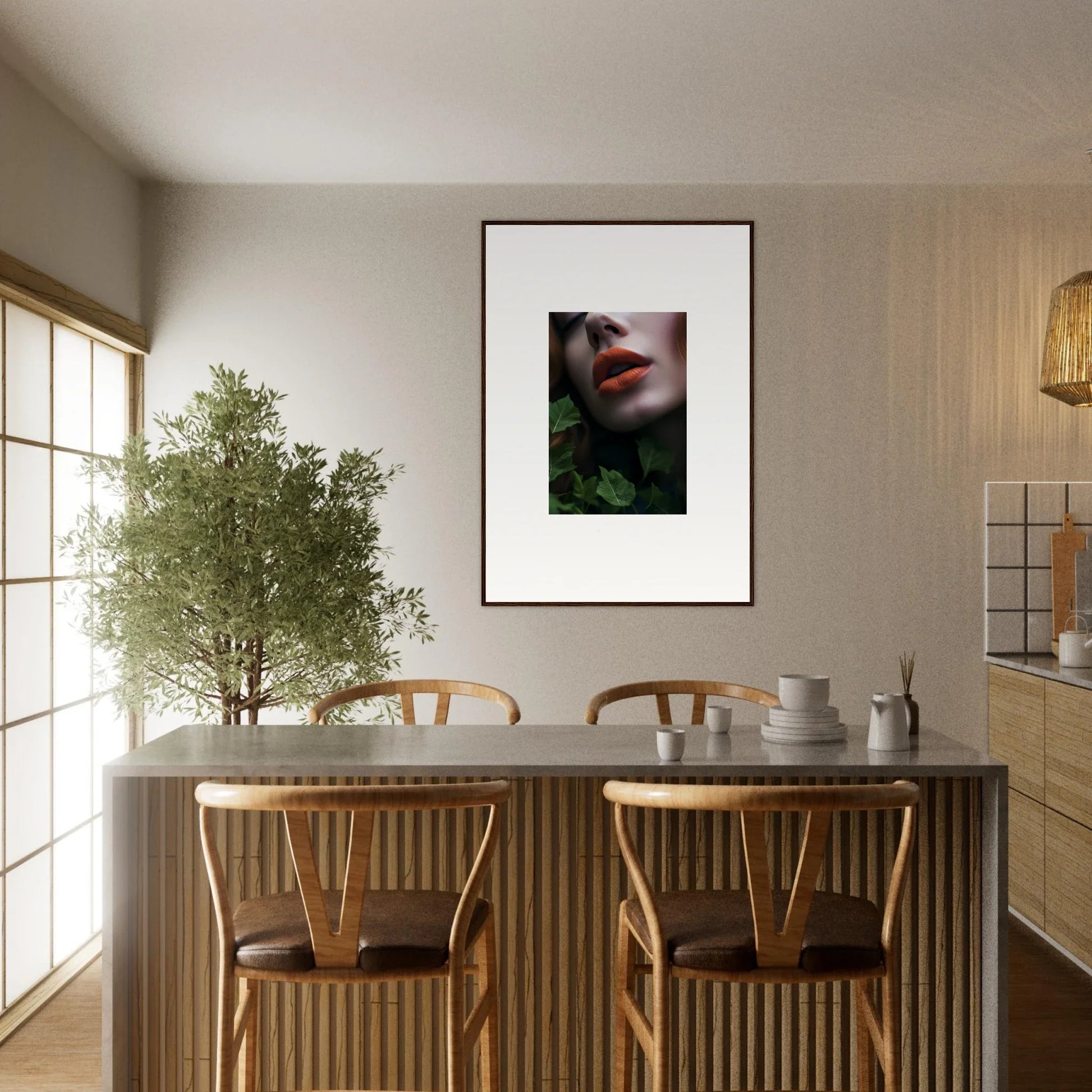 Dining area featuring Leaf Symphony artwork and stylish room decor with a table and chairs