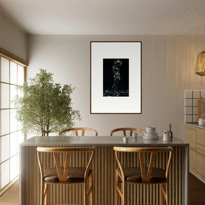 Dining area showcasing room decor with chairs, table, potted plant, and framed wall art