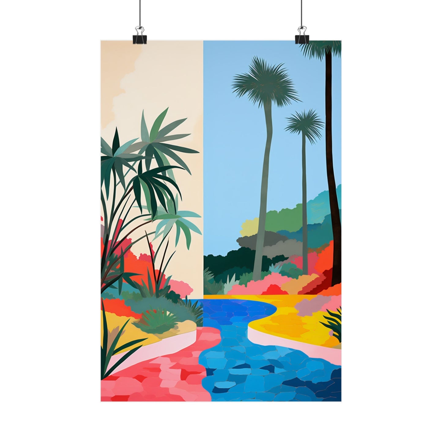 Colorful abstract tropical landscape poster featuring palm trees and a vibrant winding river.