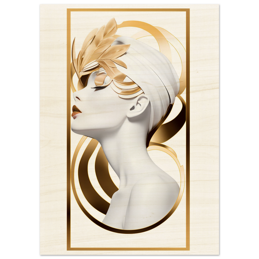 A woman with Art Deco Gold B - Wood Prints on her head, transforming your space with high-quality AI-generated art.