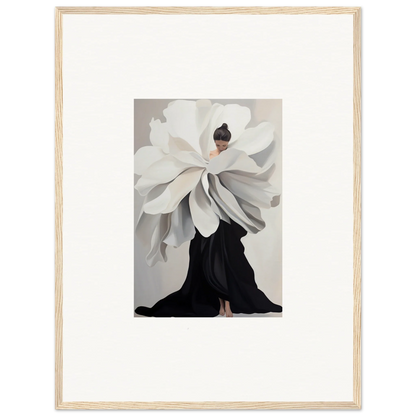 Artistic portrait of a white flower bloom with a black dress, perfect for Room Decor