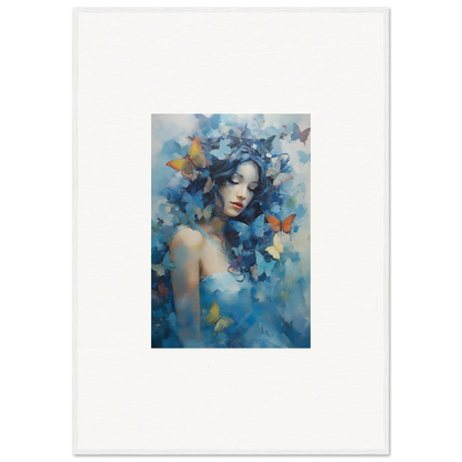 Artistic portrait of a woman with blue butterflies for dream rhapsody room decor