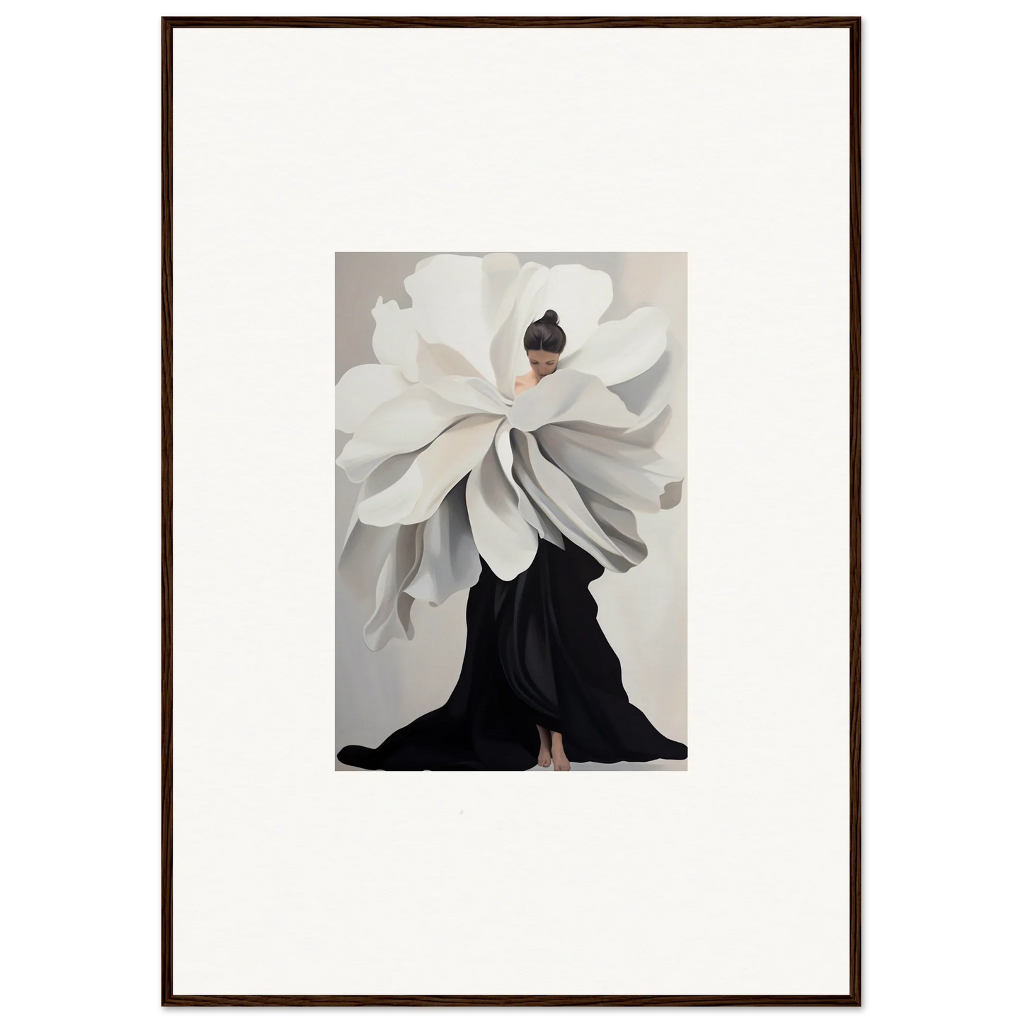 Artistic representation of a person in an oversized flower dress for epoch ascends wall art