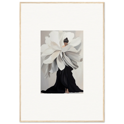 Artistic representation of oversized white flower dress in Petal Epoch Ascends wall art