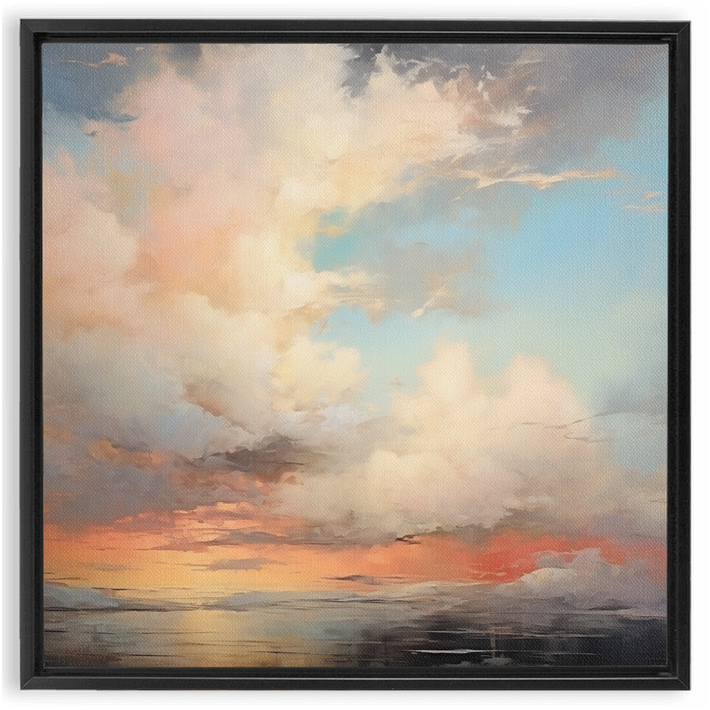 A painting of a sunset with pastels clouds in the sky, framed on a traditional stretched canvas.
