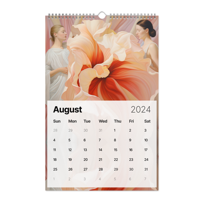A decorative piece calendar featuring artwork of a woman surrounded by flowers. This piece is titled, "Flowers Are Magic - Wall Calendar" and set for the year 2024.