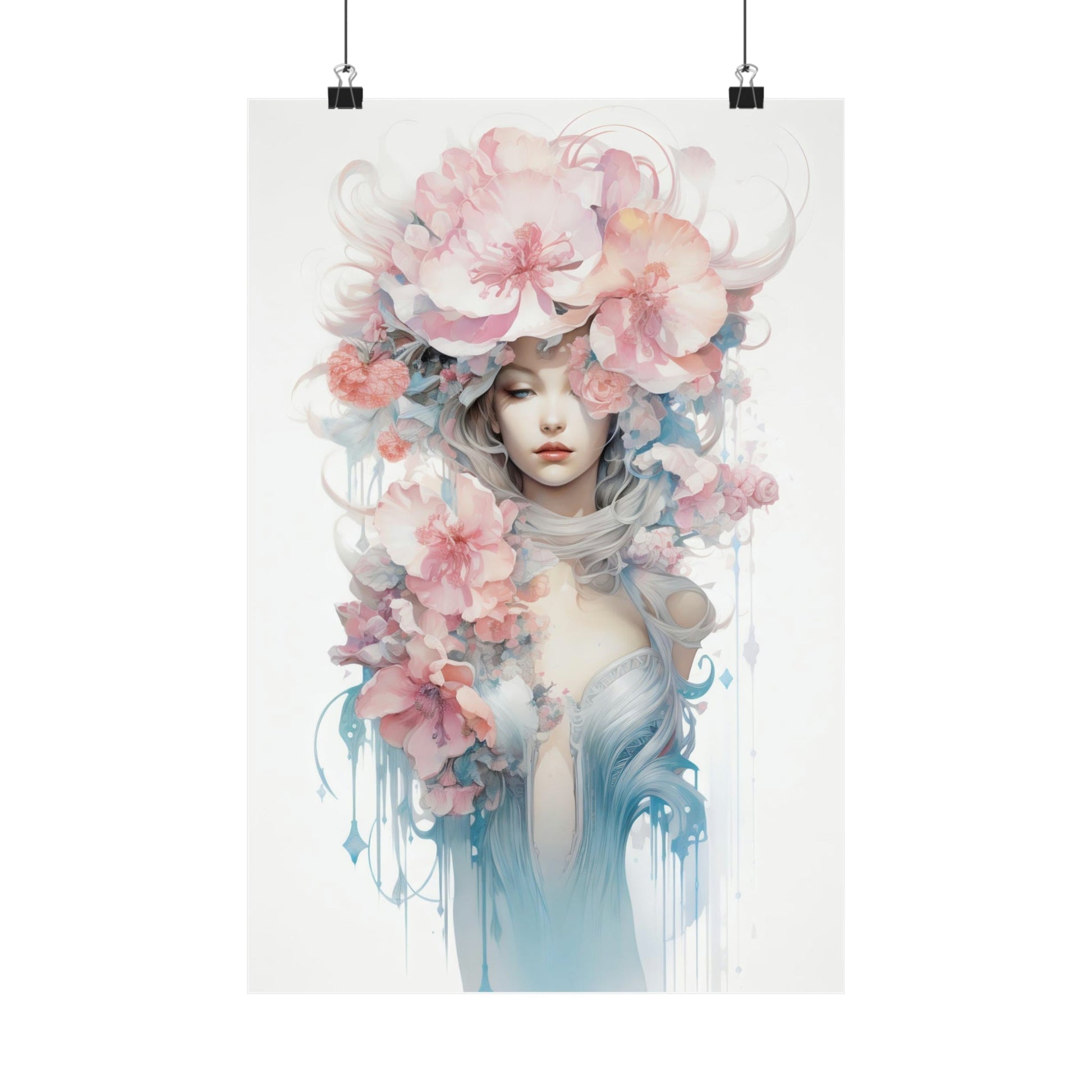 Ethereal watercolor portrait of a figure adorned with delicate pink flowers and soft blue hues.