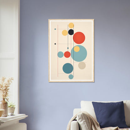 Abstract geometric artwork featuring colorful circles and lines in a minimalist composition.