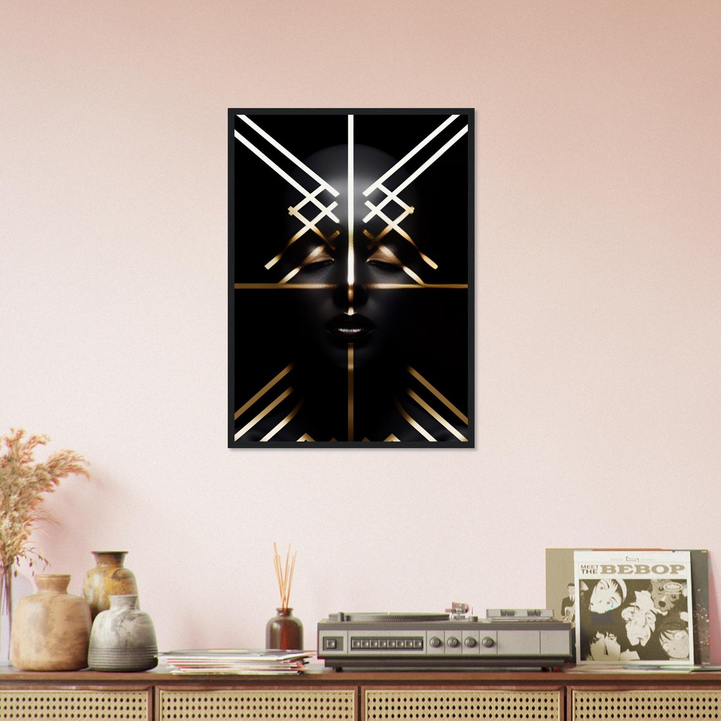 Abstract geometric wall art featuring intersecting light beams on a black background.