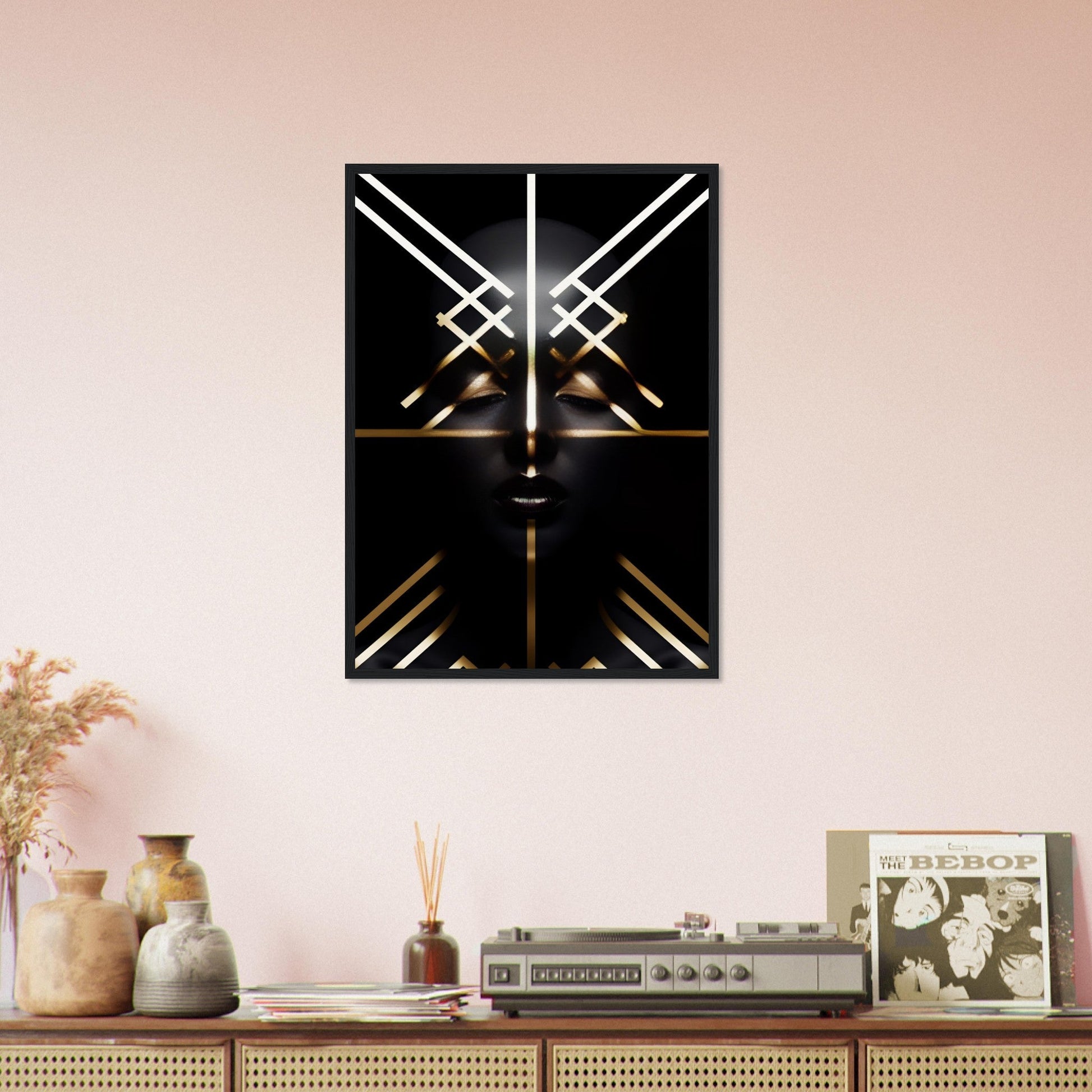 Abstract geometric wall art featuring intersecting light beams on a black background.