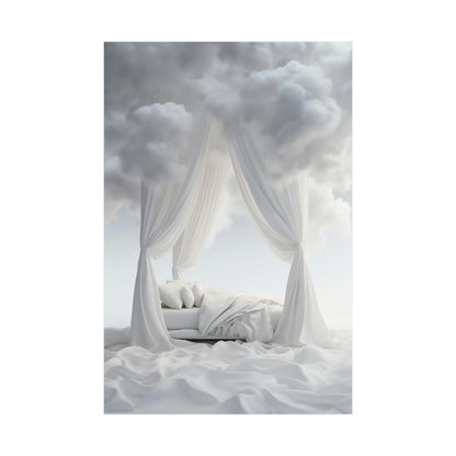 A bed with a canopy and a white blanket