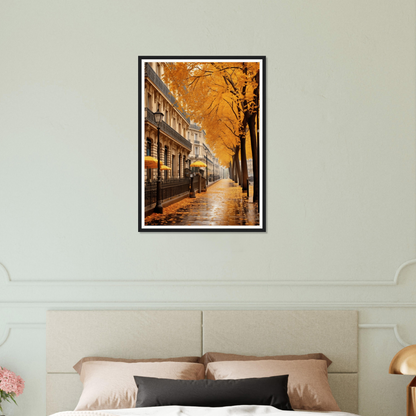 A bed with a picture of a street in the city