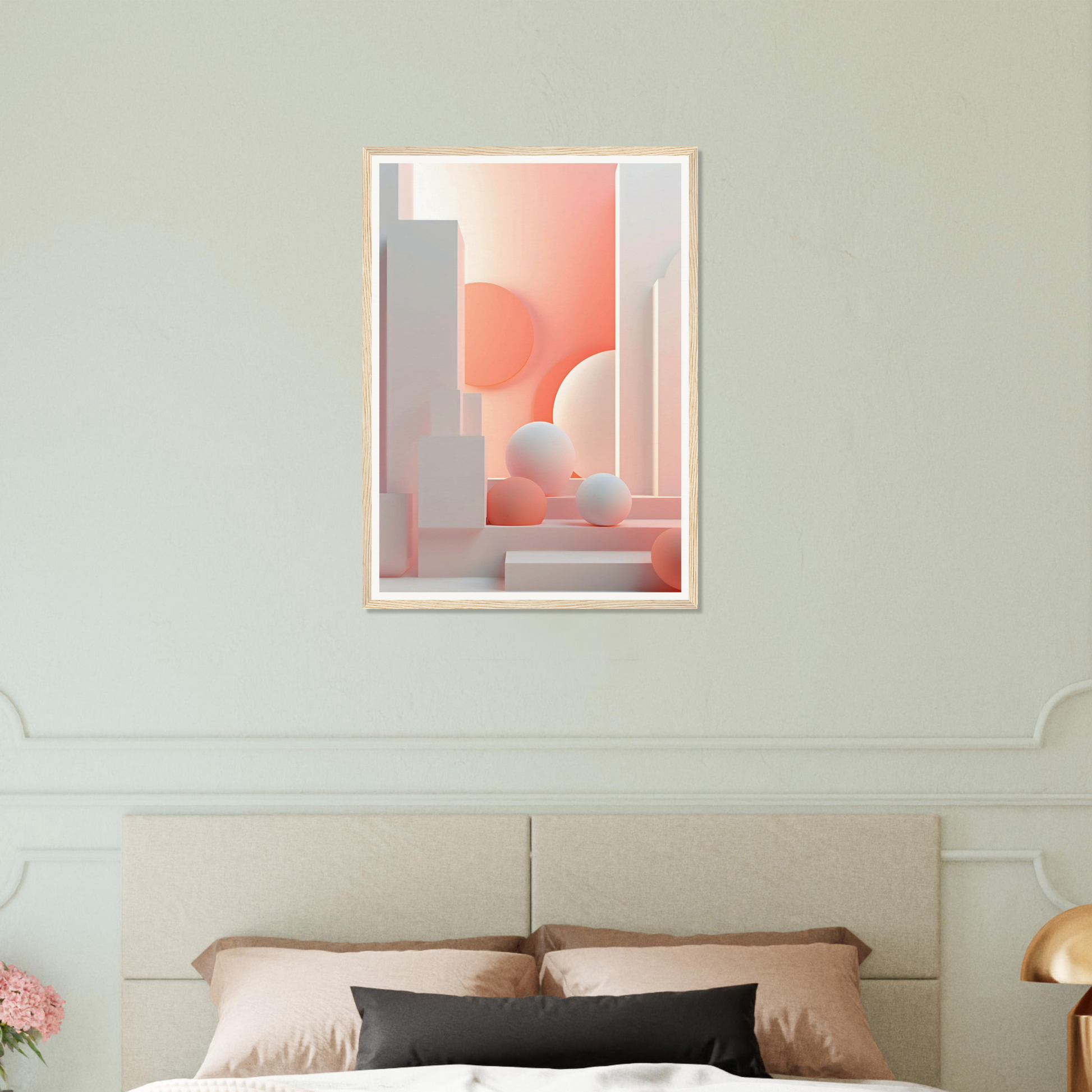 A bed with a pink and white painting on the wall