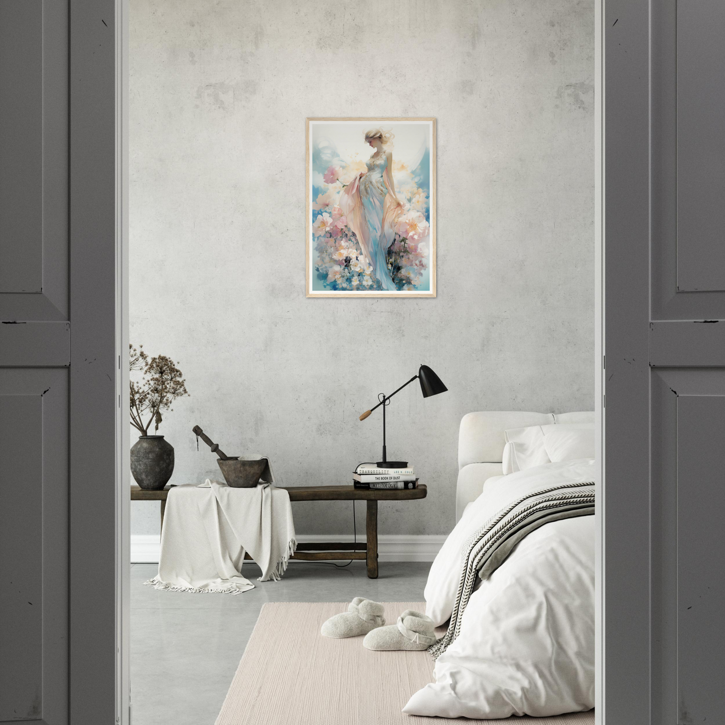 A bedroom with a bed and a painting on the wall