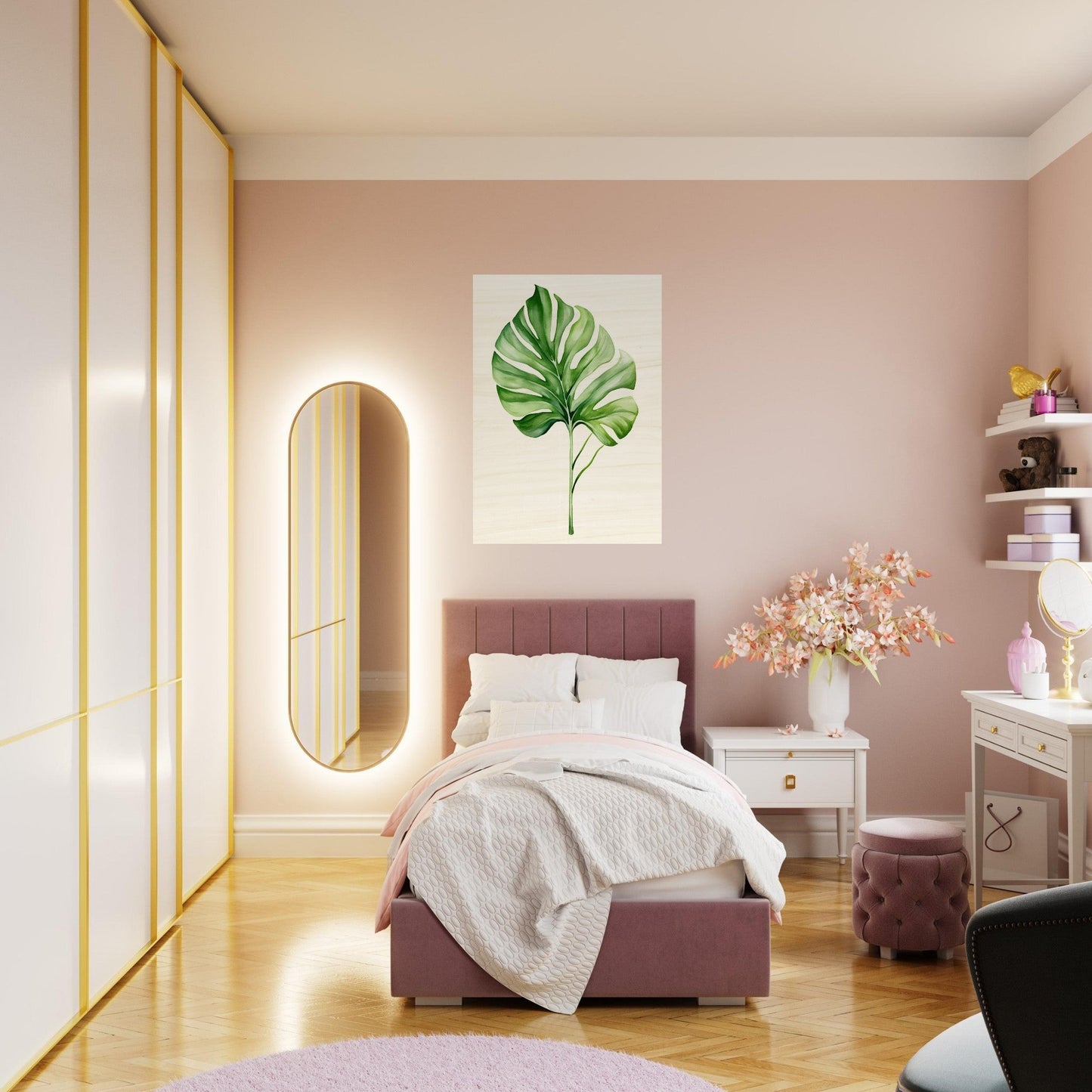 A bedroom with pink walls and a white bed