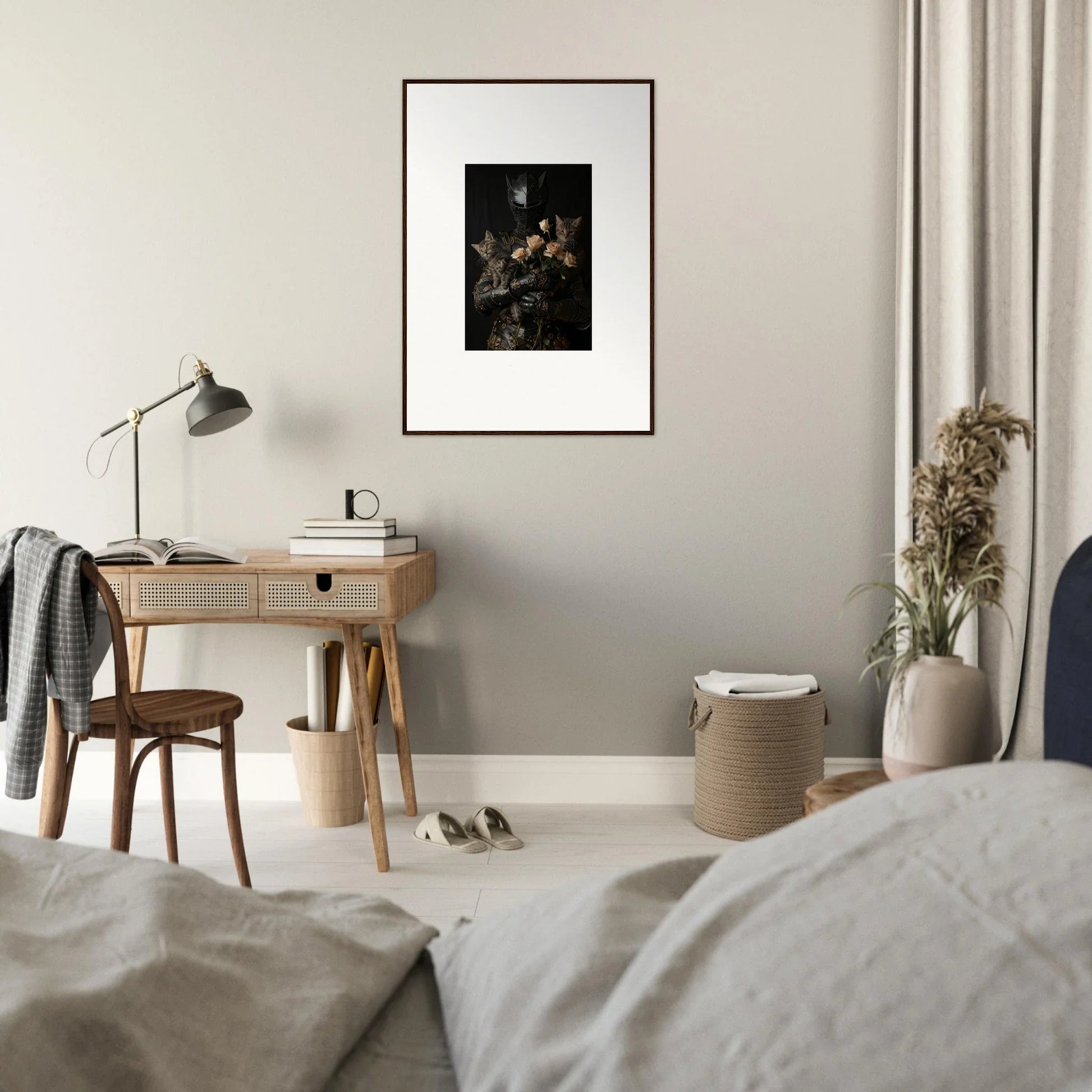 Bedroom with Wooden Desk, Lamp, and Framed Wall Art for Cuddle Chaotica Room Decor