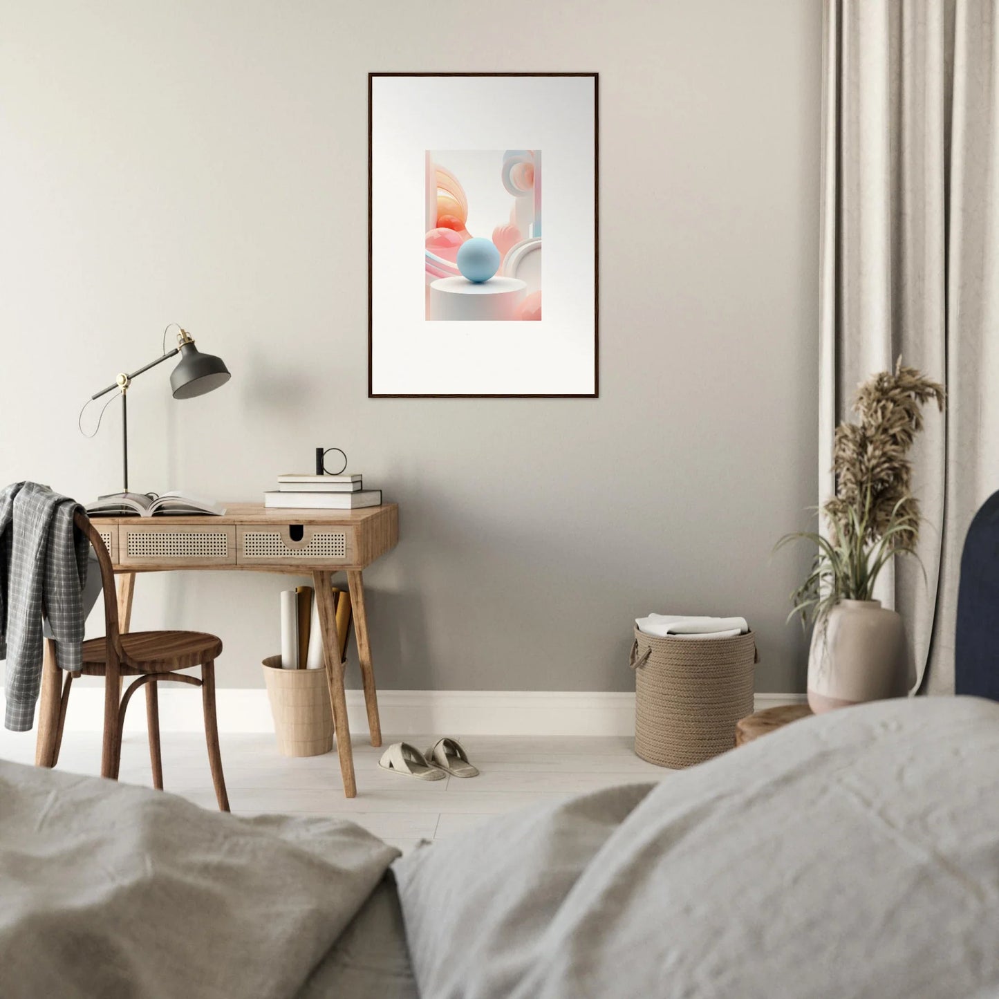 Bedroom with wooden desk, lamp, and framed wall art for cosmic timeless room decor