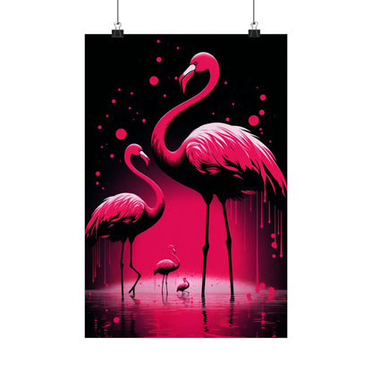 Vibrant pink flamingos standing in water against a dark background.