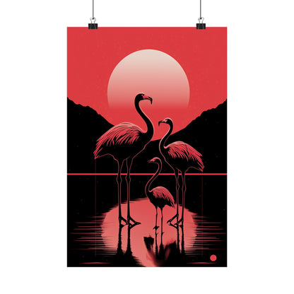 Silhouettes of three flamingos standing in water against a red sunset sky.