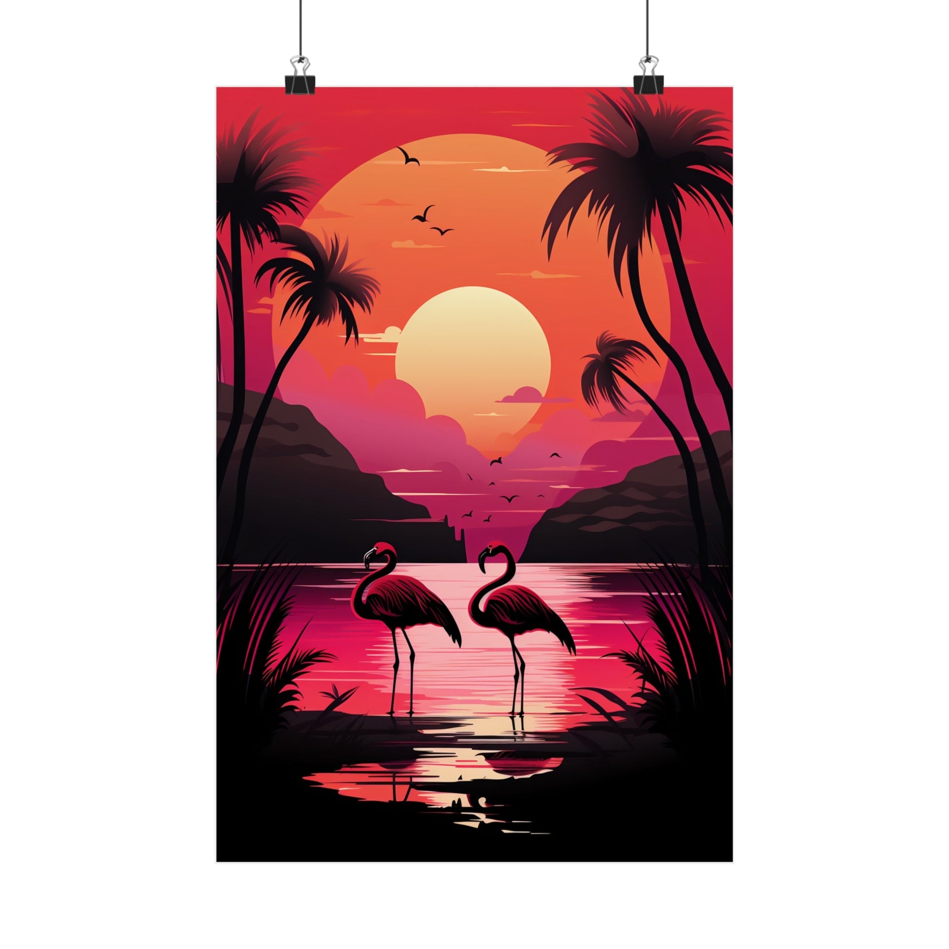 Vibrant tropical sunset scene with silhouetted palm trees and flamingos.