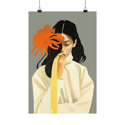 Stylized portrait of a woman with long dark hair holding an orange flower in front of her face.