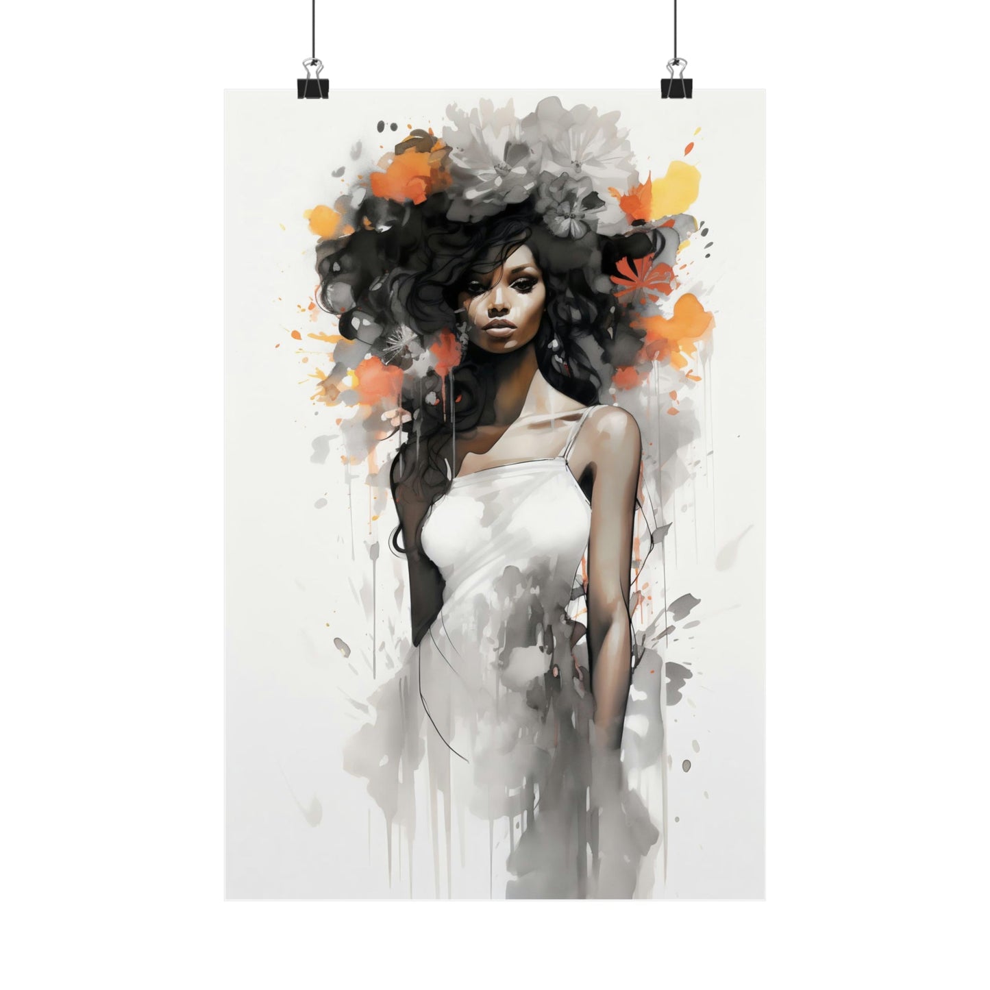 Artistic portrait of a woman with voluminous hair incorporating abstract elements and splashes of color.