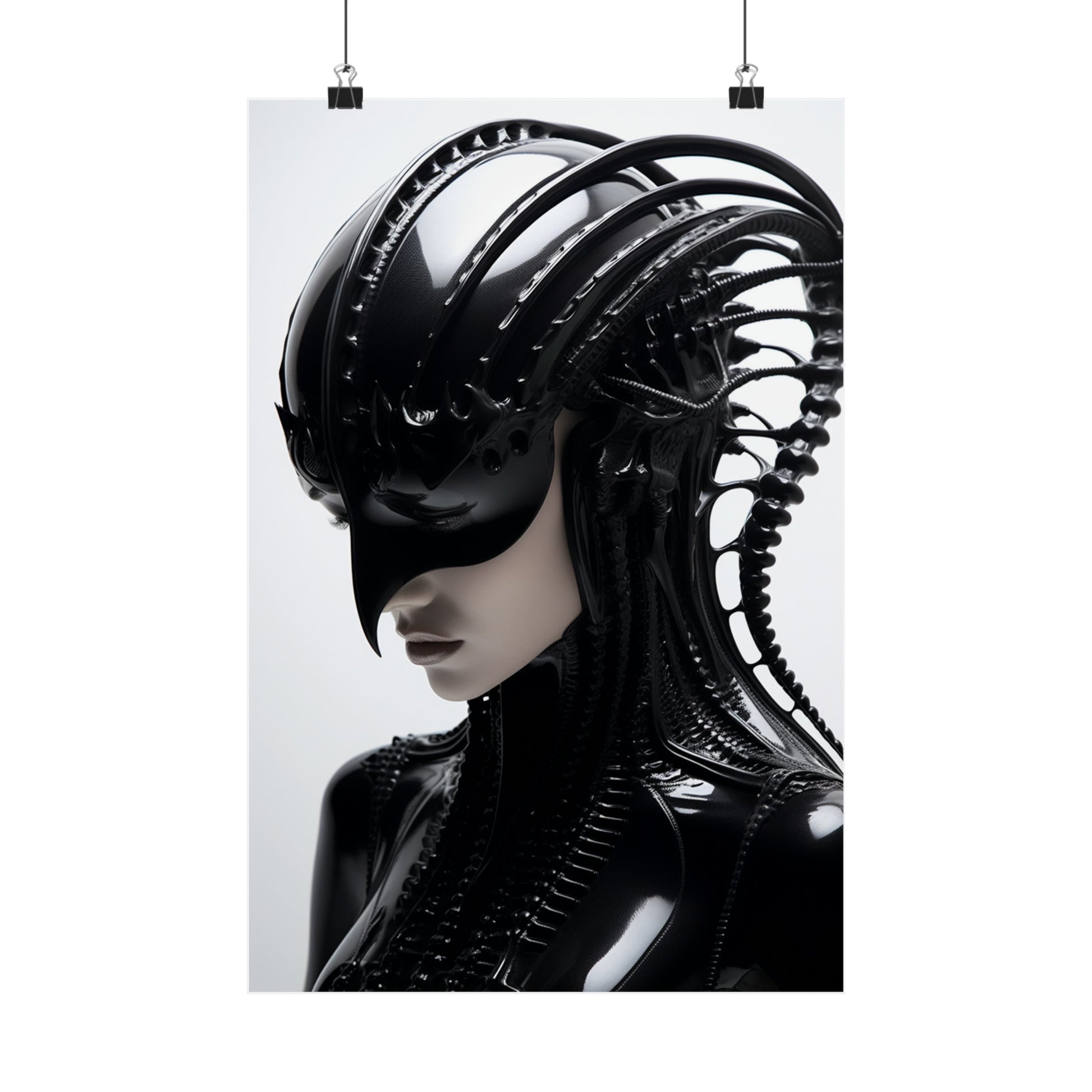 Futuristic black helmet or headpiece with intricate biomechanical-style ridges and protrusions.