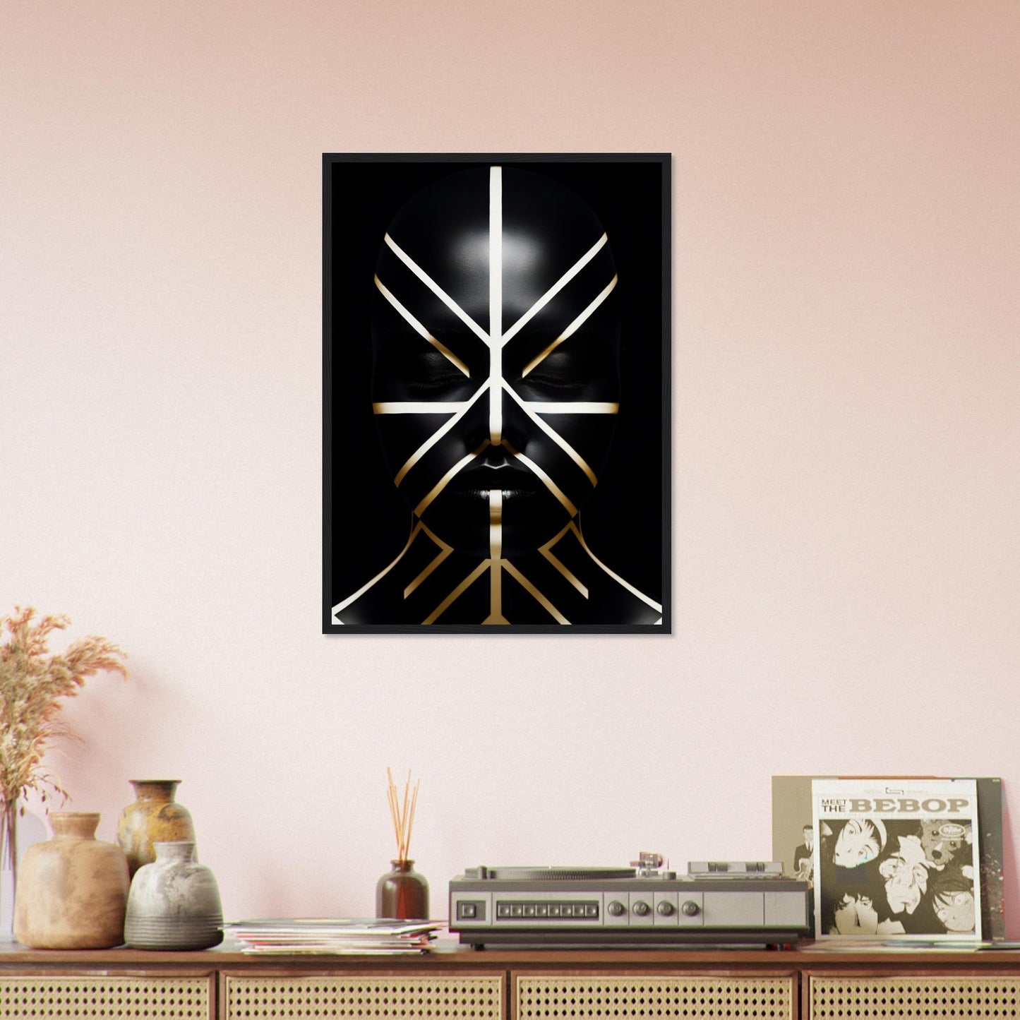 A black and gold wall art piece with a black background