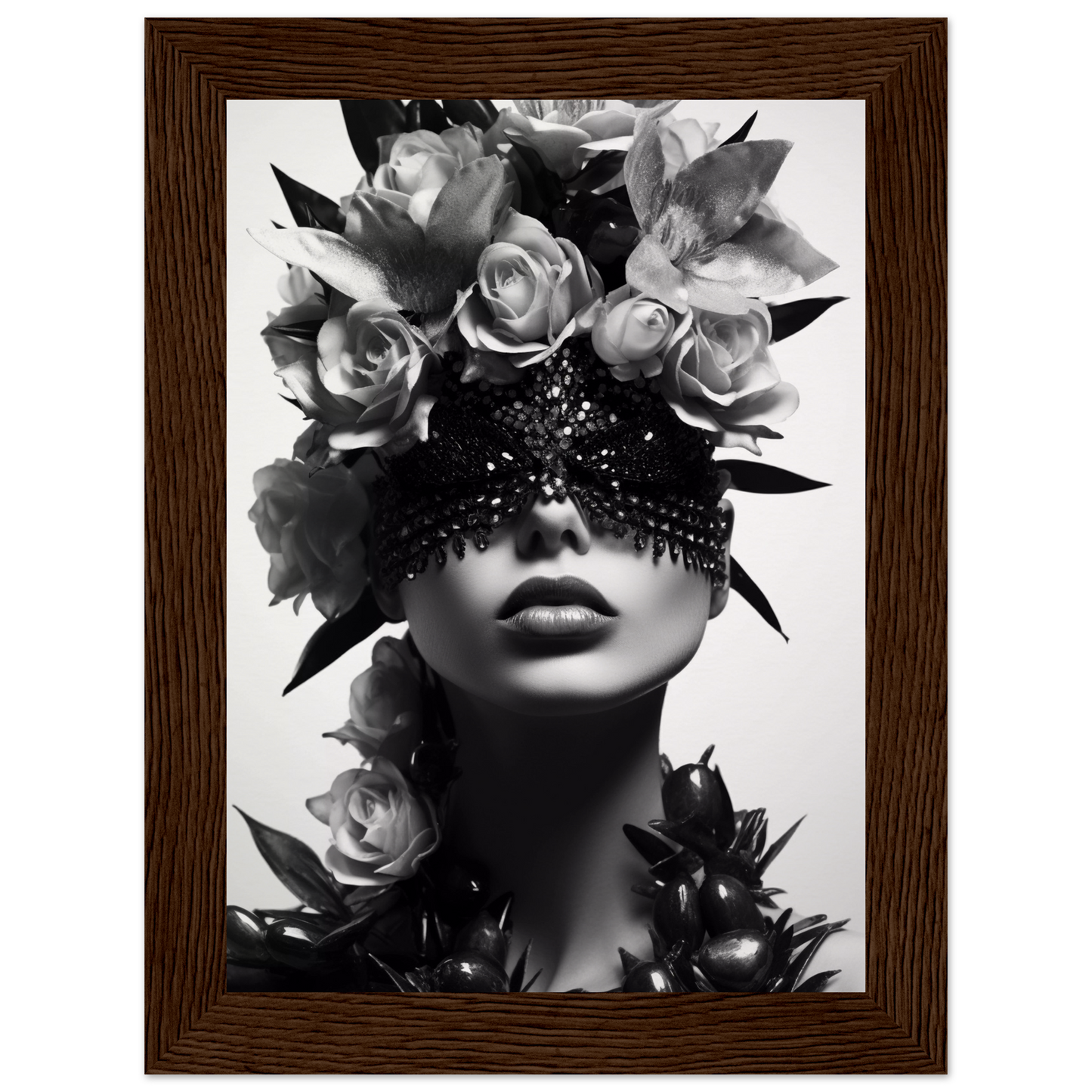 Black and white artistic portrait featuring a figure adorned with roses and an ornate eye covering.