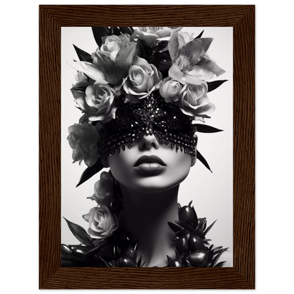 Black and white artistic portrait featuring a figure adorned with roses and an ornate eye covering.