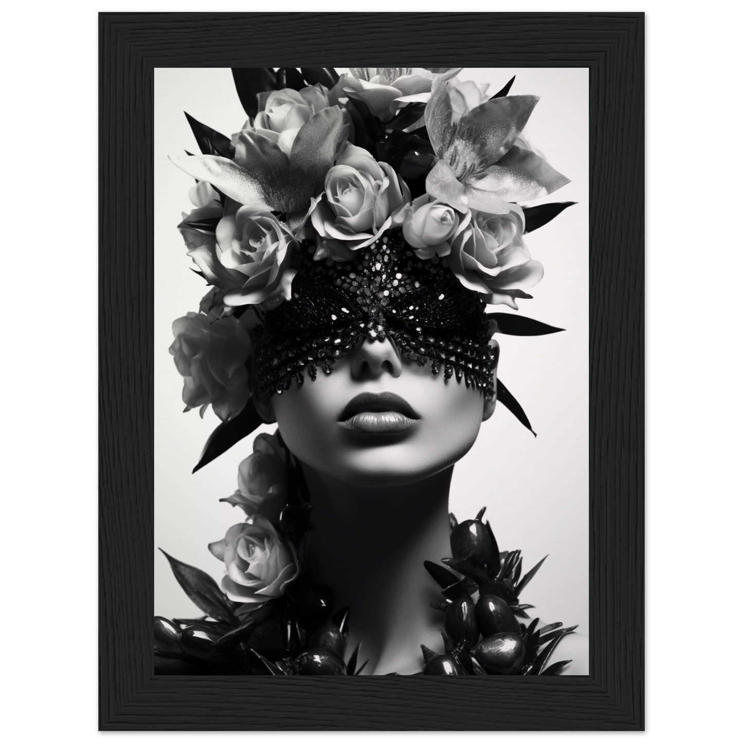 Black and white portrait featuring a figure adorned with roses and an ornate eye covering.