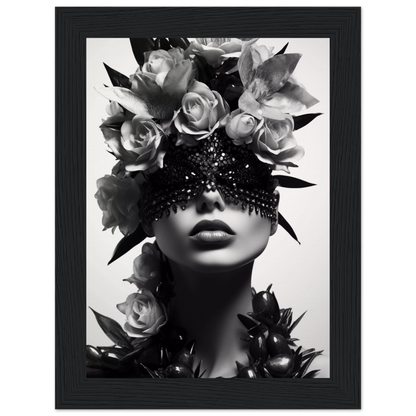 Black and white portrait featuring a figure adorned with roses and an ornate eye covering.