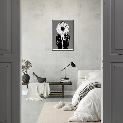 A black and white flower in a bedroom