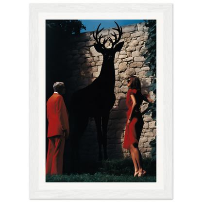 A black and white framed print of a deer and two women