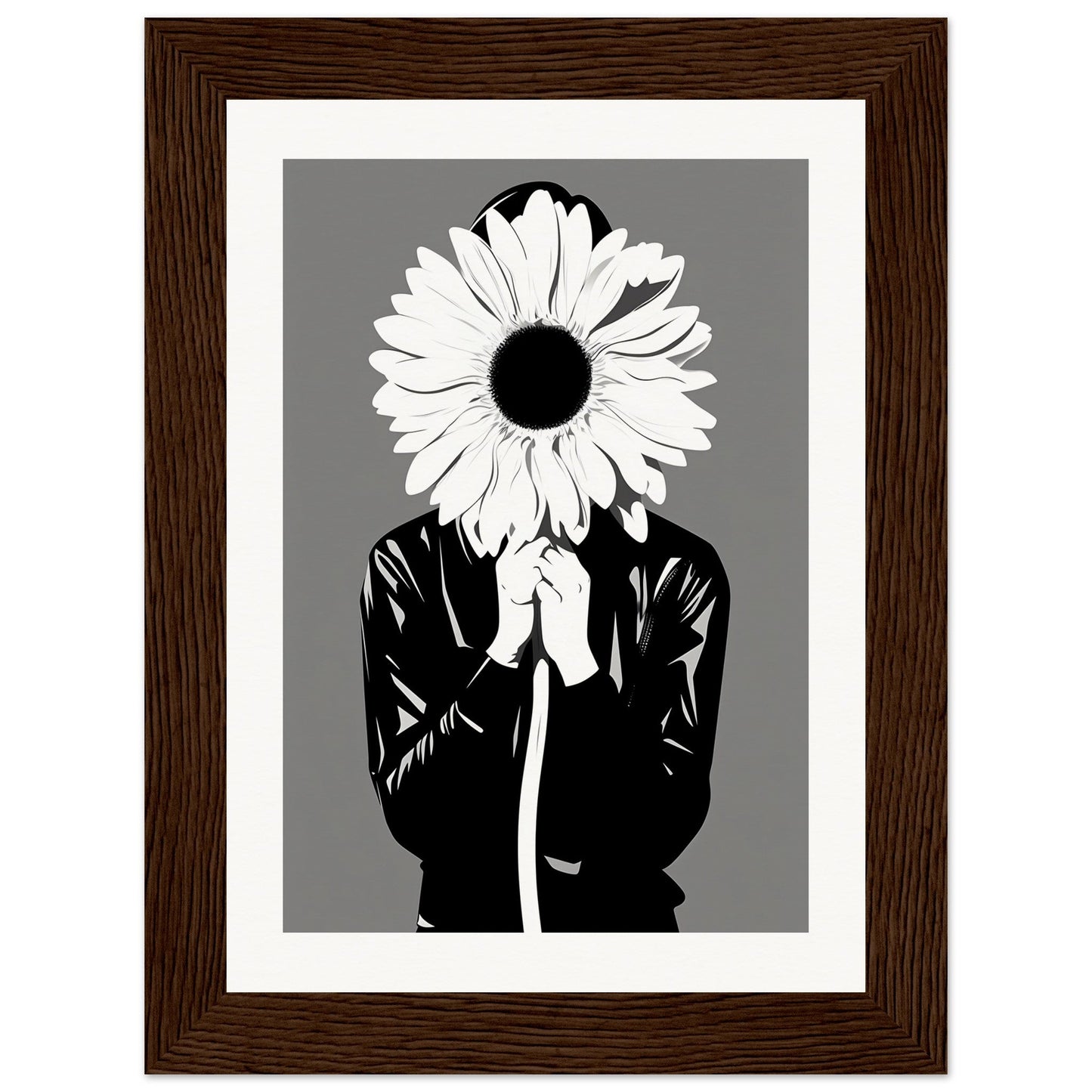 A black and white illustration of a woman holding a flower