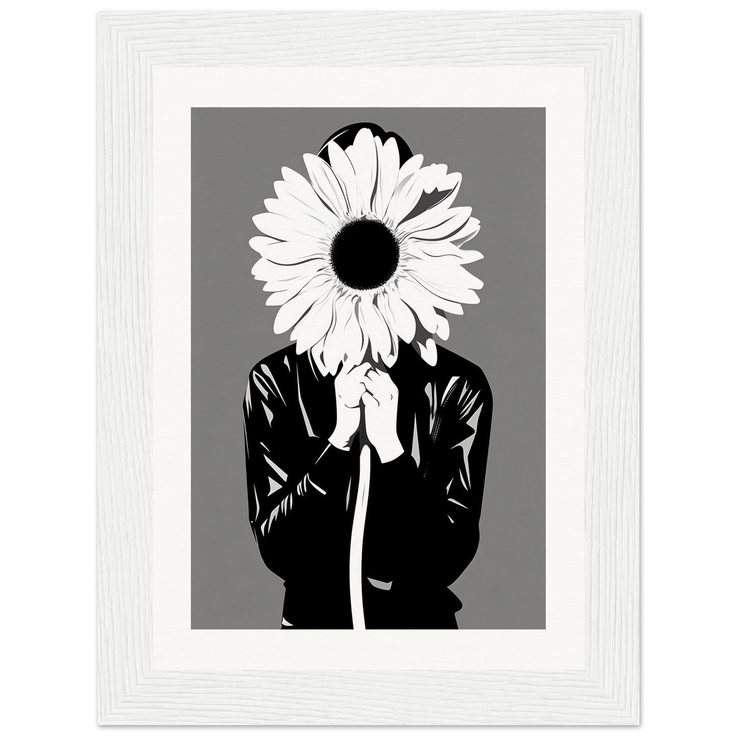 A black and white illustration of a woman holding a flower