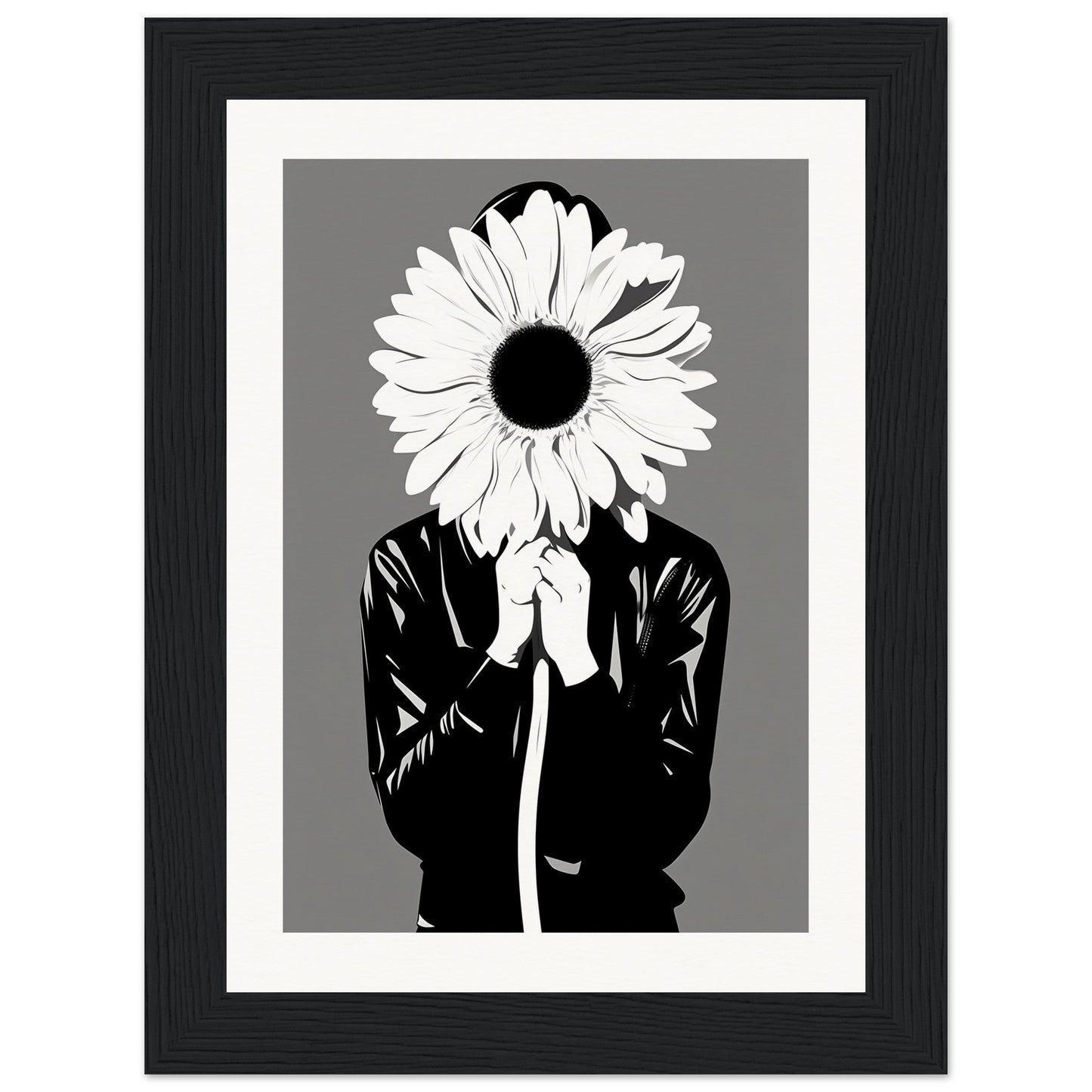 A black and white illustration of a woman holding a flower