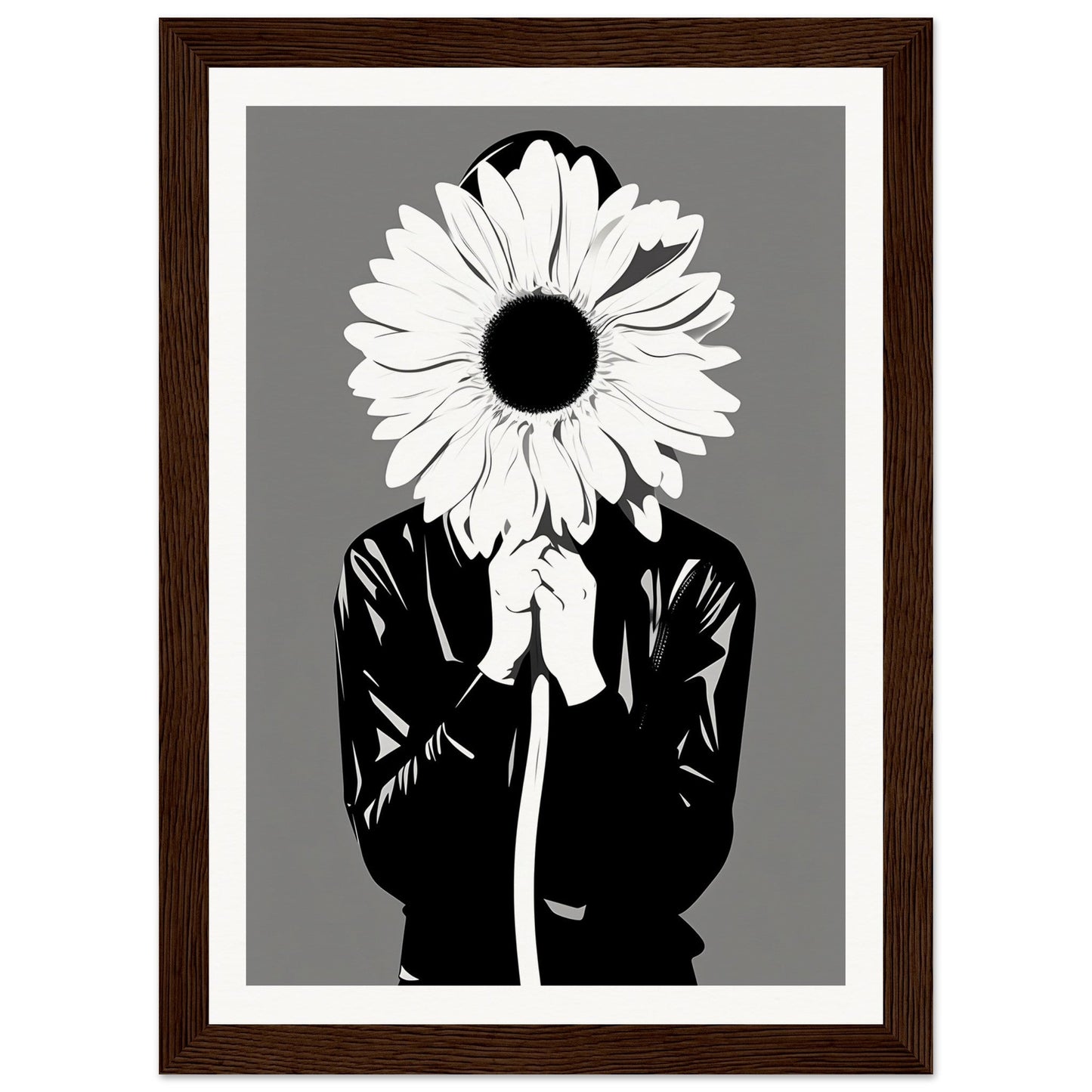 A black and white illustration of a woman holding a flower