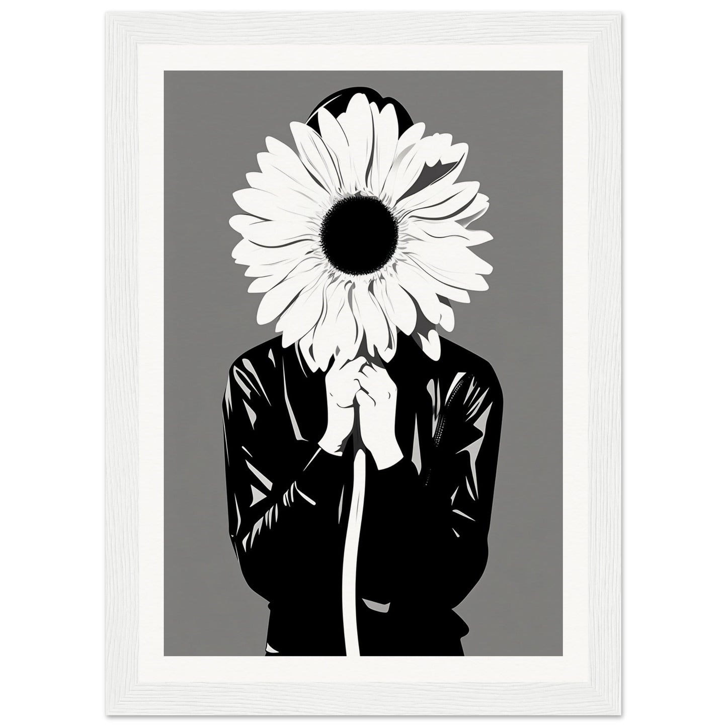 A black and white illustration of a woman holding a flower