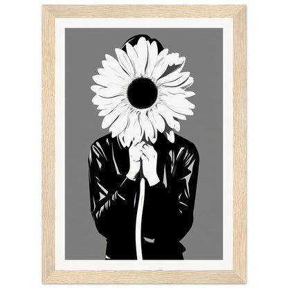 A black and white illustration of a woman holding a flower