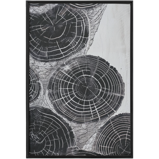The given text contains no irrelevant codes to subtract, so it remains the same: "A black and white framed Driftwood wood rings - Framed Canvas Wrap of tree slices to hang."