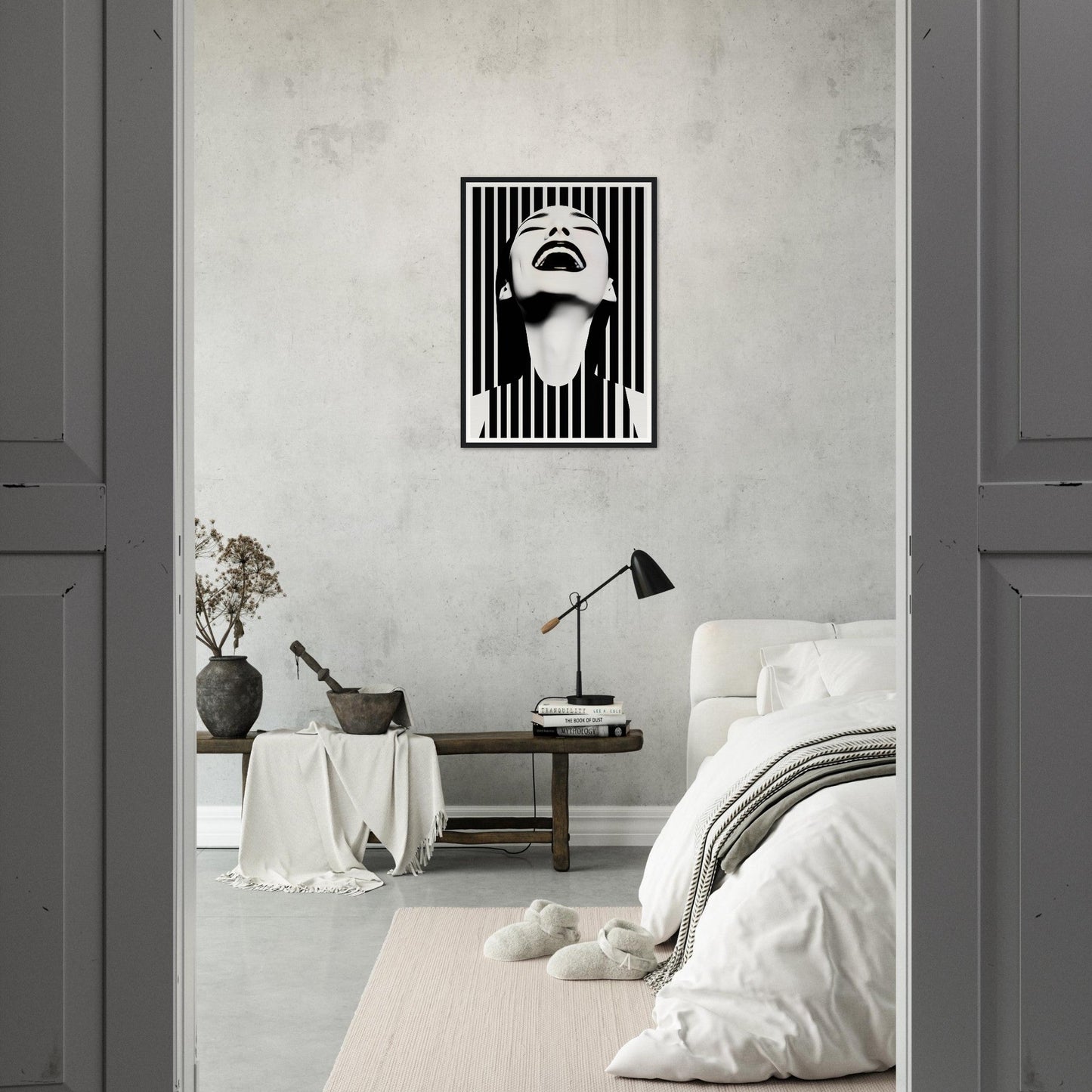 A black and white print of the Joy The Oracle Windows™ Collection, perfect as fashion wall art or a poster.