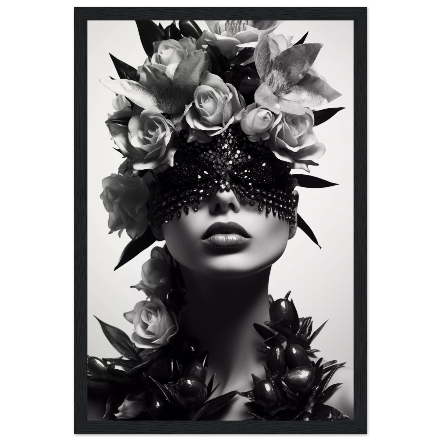 Artistic black and white portrait featuring a figure adorned with roses and a beaded eye covering.