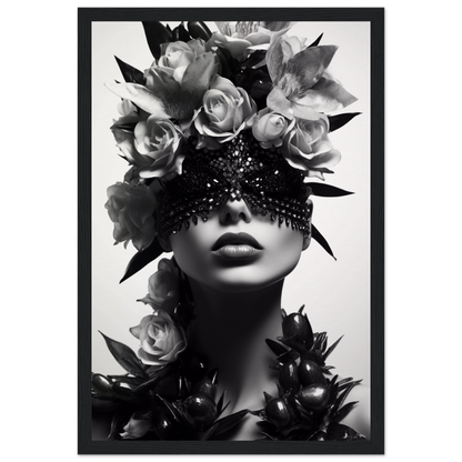 Artistic black and white portrait featuring a figure adorned with roses and a beaded eye covering.