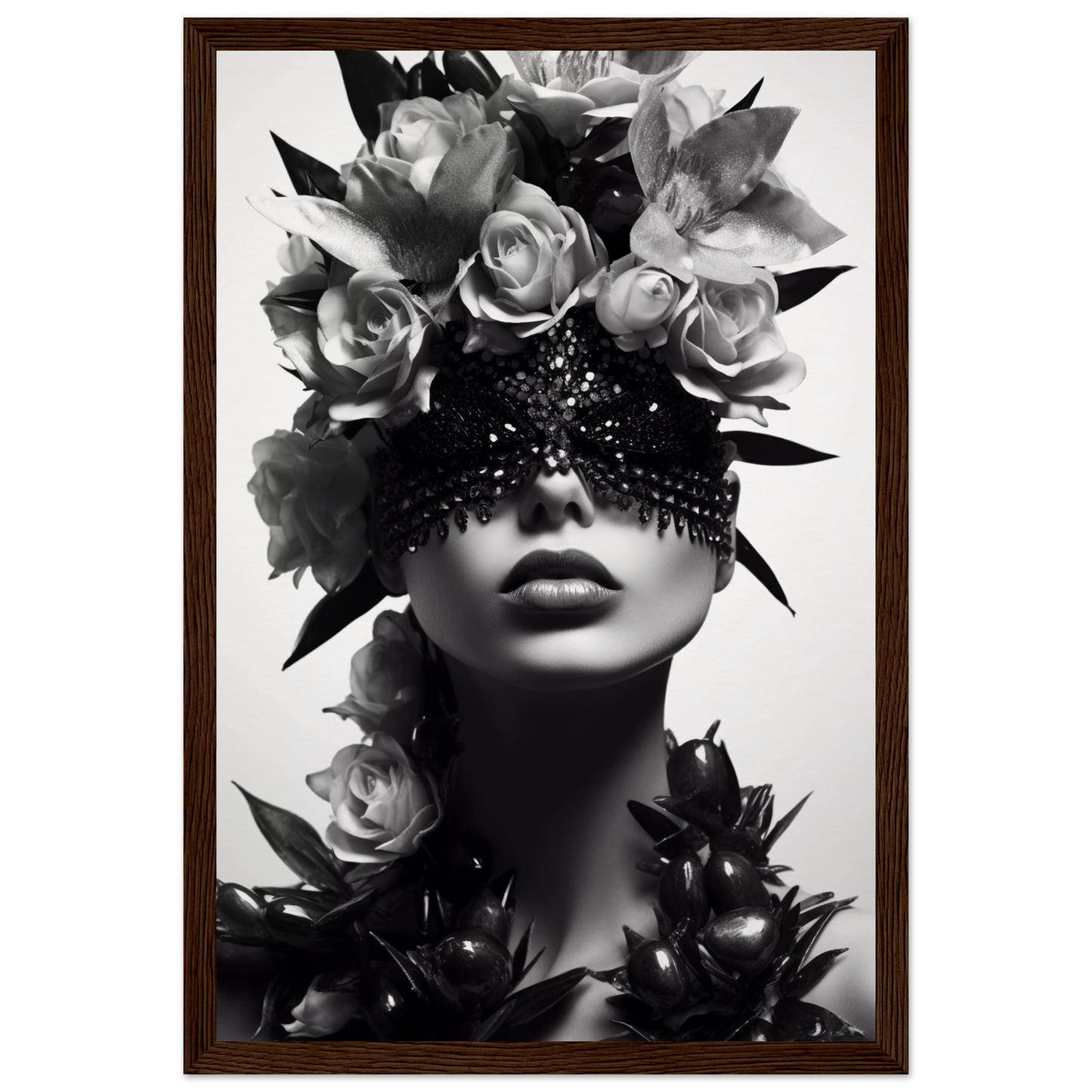 Artistic black and white portrait featuring a figure adorned with roses and a sparkling eye covering.