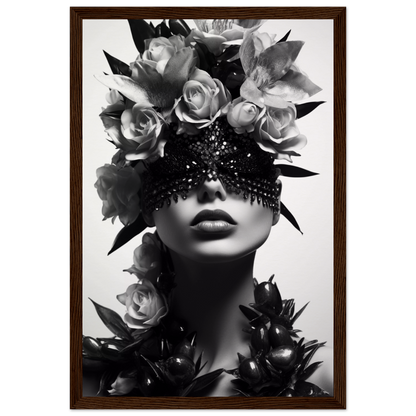 Artistic black and white portrait featuring a figure adorned with roses and a sparkling eye covering.