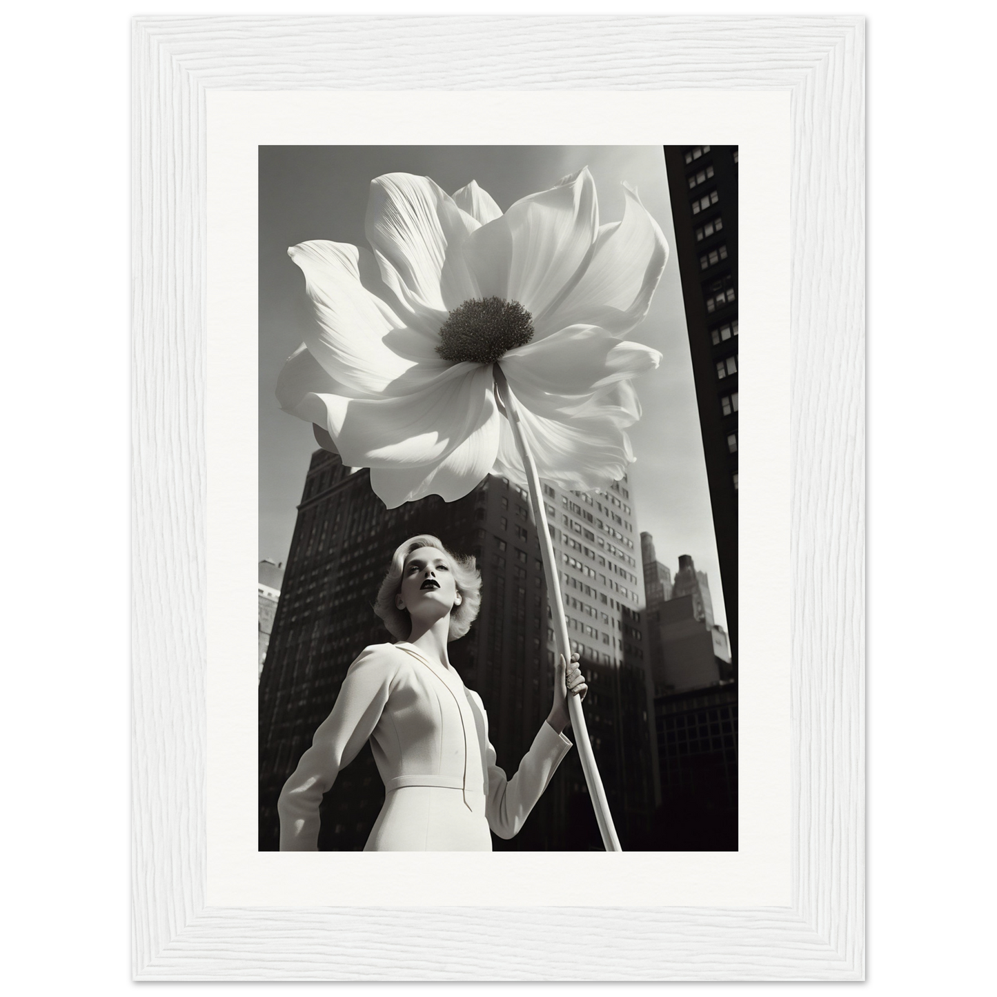 A black and white photo of a woman holding a large flower