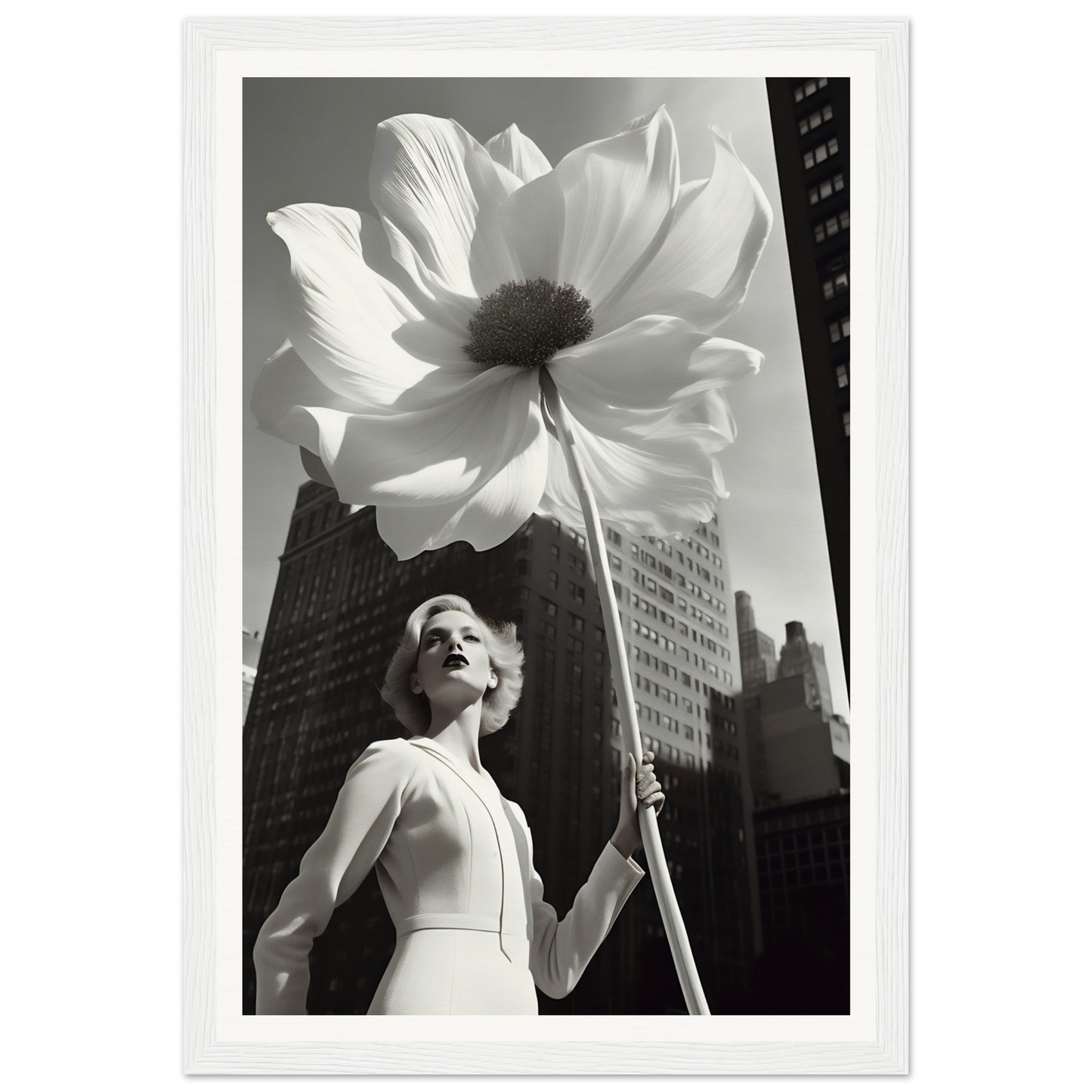 A black and white photo of a woman holding a large flower